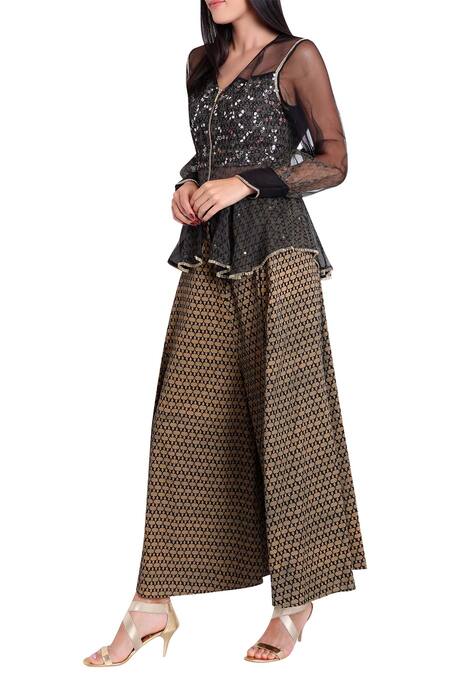 Natasha J_Beige Organza V Neck Block Print Peplum Top With Pants _Online_at_Aza_Fashions