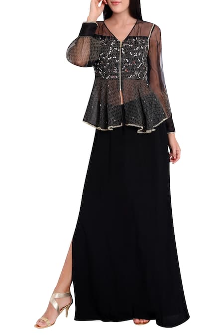 Natasha J Black Organza V Neck Block Print Jacket With Flared Pants  