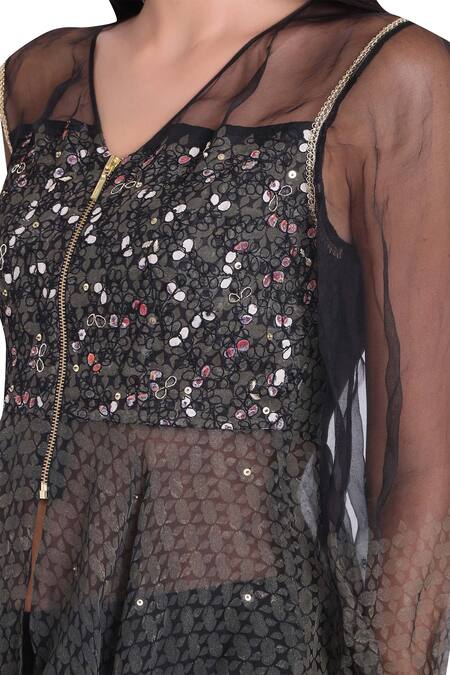 Natasha J_Black Organza V Neck Block Print Jacket With Flared Pants _Online_at_Aza_Fashions