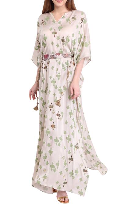 Natasha J_Grey Cotton Satin Split Neck Block Print Kaftan_Online_at_Aza_Fashions