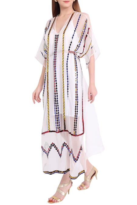 Natasha J_White Organza V Neck Embellished Kaftan Tunic _Online_at_Aza_Fashions