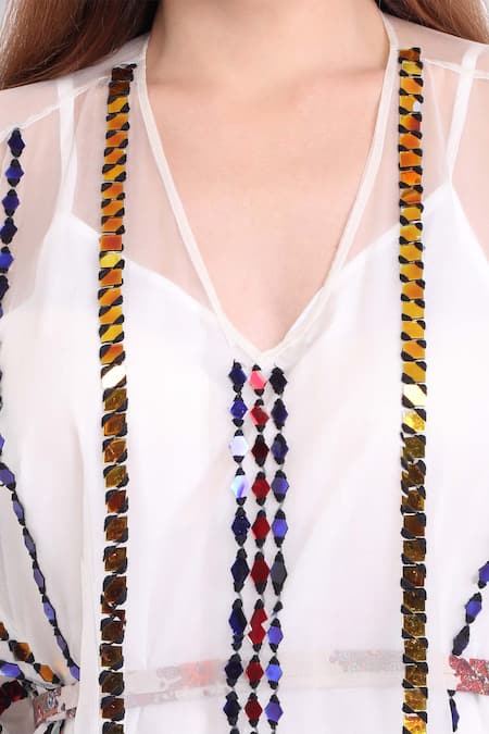 Buy_Natasha J_White Organza V Neck Embellished Kaftan Tunic _Online_at_Aza_Fashions