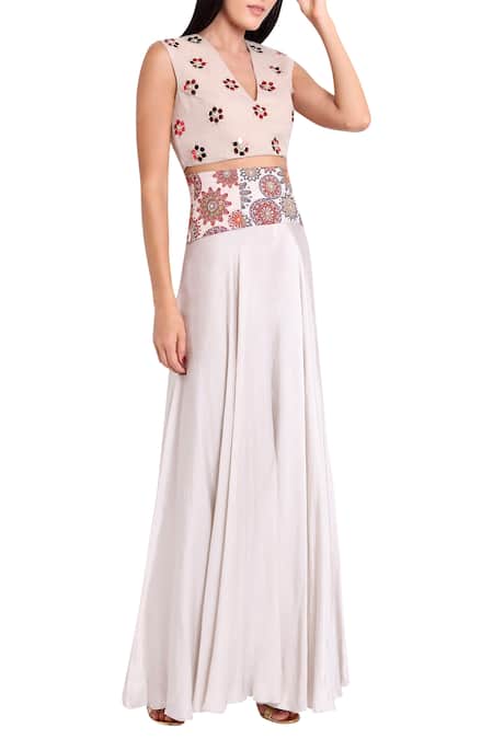 Natasha J_Grey Cotton V Neck Embellished Crop Top Flared Pant Set _Online_at_Aza_Fashions