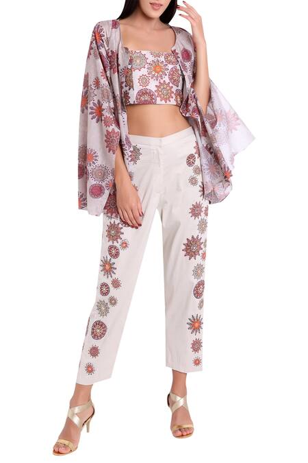 Natasha J_Grey Chanderi Jacket Round Neckline Pant Set _Online_at_Aza_Fashions