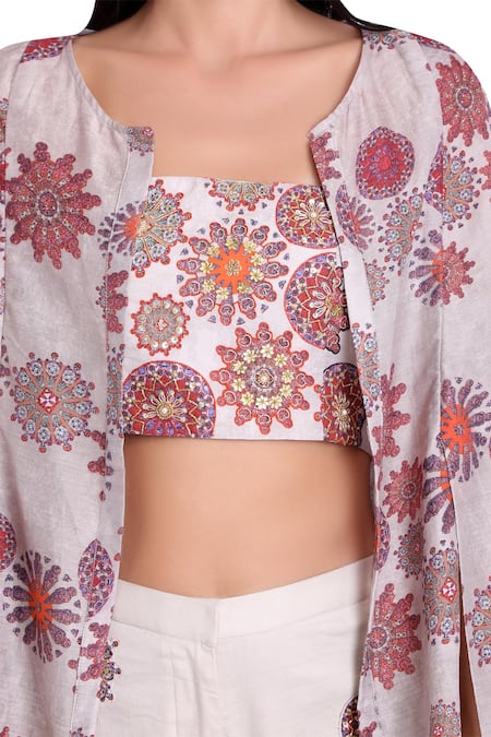 Buy_Natasha J_Grey Chanderi Jacket Round Neckline Pant Set _Online_at_Aza_Fashions
