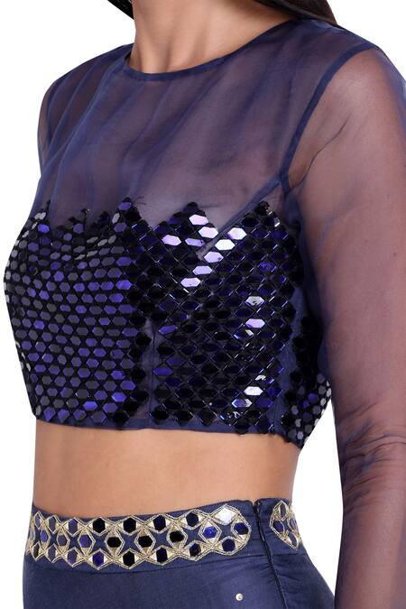 Natasha J_Blue Cotton Satin Round Neck Flared Lehenga Set_Online_at_Aza_Fashions