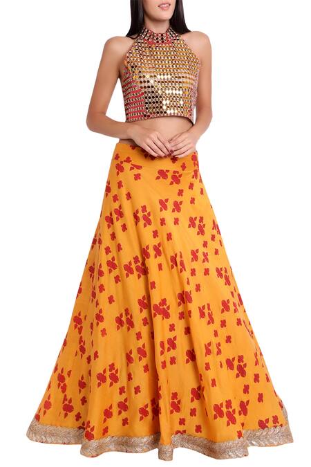 Natasha J_Yellow Chanderi Halter Neckline Block Print Lehenga Set_Online_at_Aza_Fashions