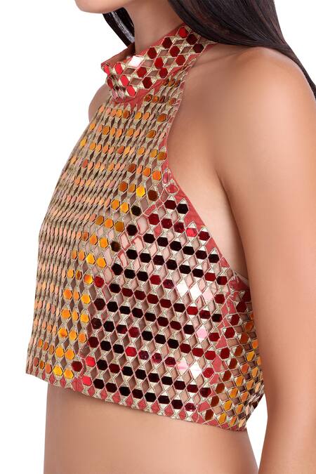 Buy_Natasha J_Yellow Chanderi Halter Neckline Block Print Lehenga Set_Online_at_Aza_Fashions