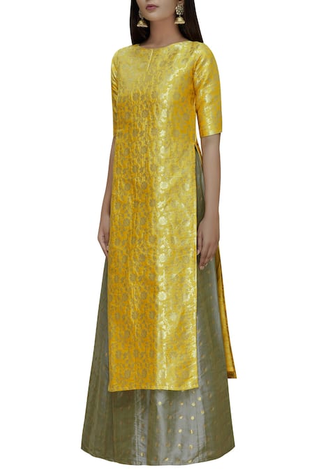 Samyukta Singhania Yellow Brocade Straight Kurta Set Online at Aza Fashions Samyukta Singhania_Yellow Brocade Straight Kurta Set_Online_at_Aza_Fashions