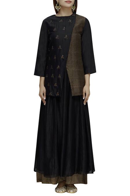 Priyam Narayan Black Handloom Chanderi Round Anarkali Palazzo Set Online at Aza Fashions Priyam Narayan_Black Handloom Chanderi Round Anarkali Palazzo Set_Online_at_Aza_Fashions