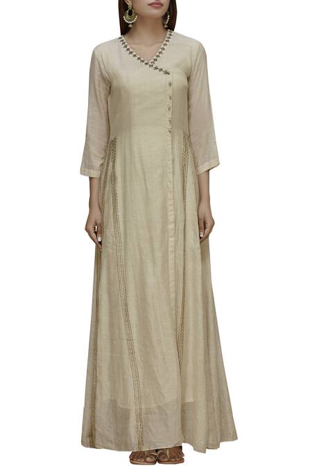 Buy_Priyam Narayan_Off White Handloom Chanderi V Neck Anarkali Set_Online_at_Aza_Fashions