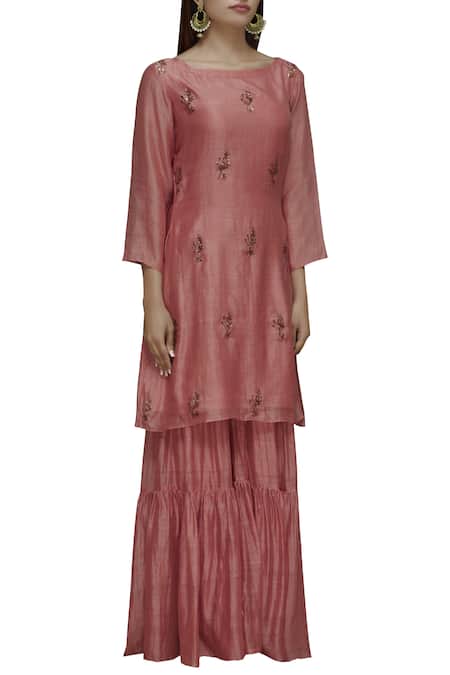 Priyam Narayan_Pink Handloom Chanderi Boat Kurta Sharara Set_Online_at_Aza_Fashions