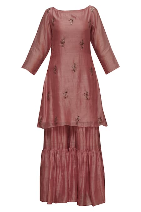 Shop_Priyam Narayan_Pink Handloom Chanderi Boat Kurta Sharara Set_Online_at_Aza_Fashions