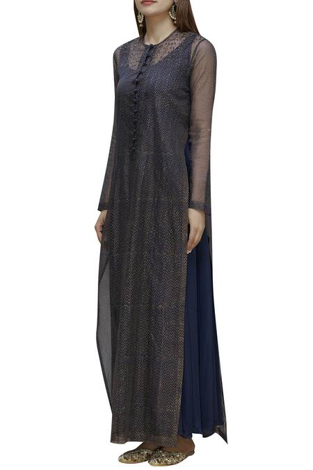 Priyam Narayan_Blue Organza Crew Neck Chanderi Anarkali With Jacket_Online_at_Aza_Fashions