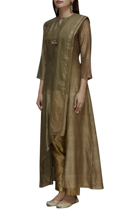 Buy_Priyam Narayan_Green Handloom Chanderi Round Kurta Pant Set_Online_at_Aza_Fashions