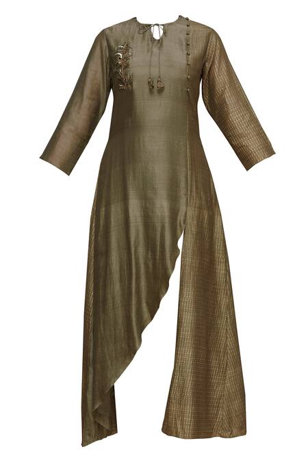 Shop_Priyam Narayan_Green Handloom Chanderi Round Kurta Pant Set_Online_at_Aza_Fashions