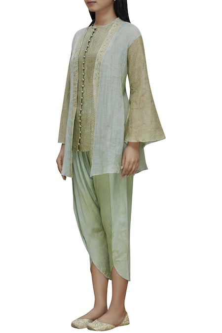 Priyam Narayan_Blue Handloom Chanderi Round Kurti Dhoti Pant Set_Online_at_Aza_Fashions