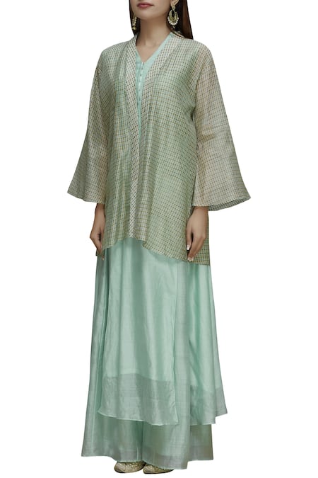 Priyam Narayan_Blue Handloom Chanderi V Neck Kurta Palazzo Set_Online_at_Aza_Fashions