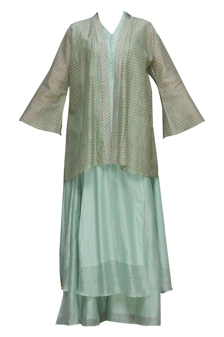 Buy_Priyam Narayan_Blue Handloom Chanderi V Neck Kurta Palazzo Set_Online_at_Aza_Fashions