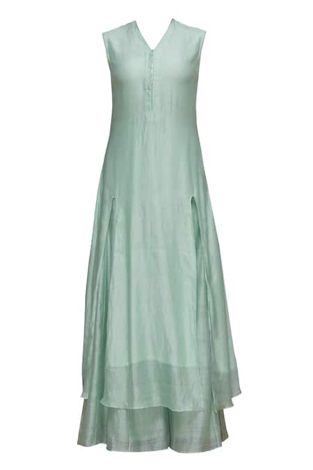 Shop_Priyam Narayan_Blue Handloom Chanderi V Neck Kurta Palazzo Set_Online_at_Aza_Fashions