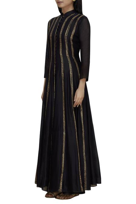 Priyam Narayan_Black Handloom Chanderi Mandarin Collar Anarkali Palazzo Set_Online_at_Aza_Fashions