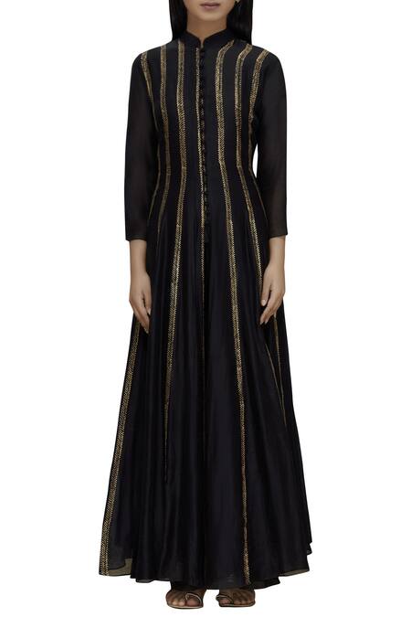 Buy_Priyam Narayan_Black Handloom Chanderi Mandarin Collar Anarkali Palazzo Set_Online_at_Aza_Fashions