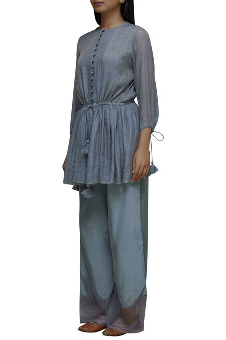 Priyam Narayan_Blue Organza, Modal Round Chanderi Tunic Palazzo Set_Online_at_Aza_Fashions