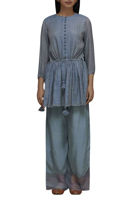 Buy_Priyam Narayan_Blue Organza, Modal Round Chanderi Tunic Palazzo Set_Online_at_Aza_Fashions
