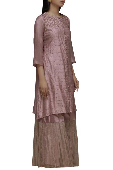 Priyam Narayan_Purple Handloom Chanderi Square Neck Kurta Palazzo Set_Online_at_Aza_Fashions