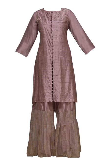 Buy_Priyam Narayan_Purple Handloom Chanderi Square Neck Kurta Palazzo Set_Online_at_Aza_Fashions