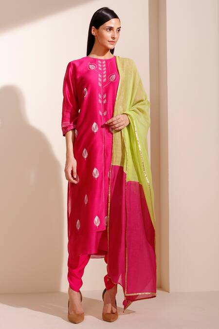 Ampm_Pink Chanderi Kurta Dhoti Pant Set_Online_at_Aza_Fashions