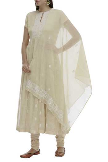 Myra By Anju Narain_Gold Tissue Chikankari Anarkali Set_Online_at_Aza_Fashions