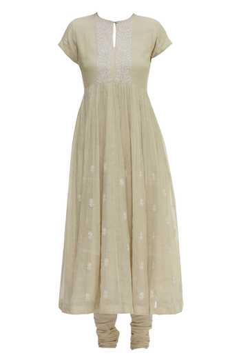 Buy_Myra By Anju Narain_Gold Tissue Chikankari Anarkali Set_Online_at_Aza_Fashions