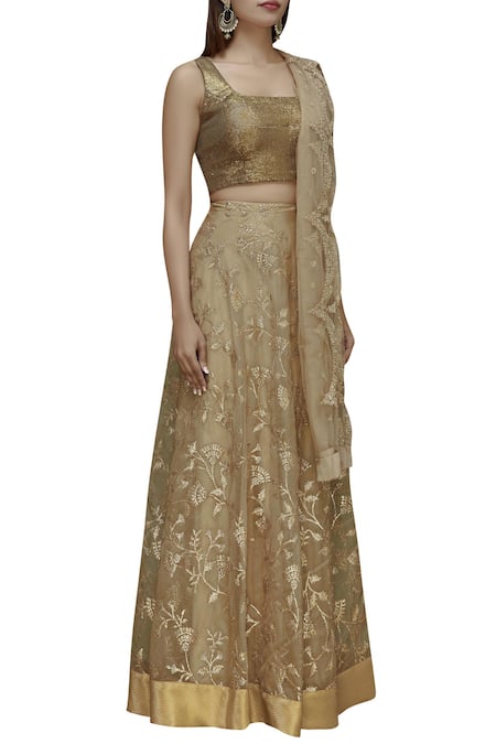 Kommal Sood_Beige Organza, Net Embroidered Lehenga Set_Online_at_Aza_Fashions