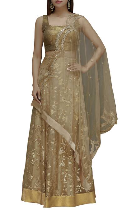 Buy_Kommal Sood_Beige Organza, Net Embroidered Lehenga Set_Online_at_Aza_Fashions