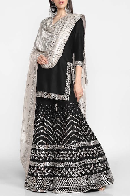 Abhinav Mishra Black Raw Silk Round Neck Embellished Kurta Sharara Set 