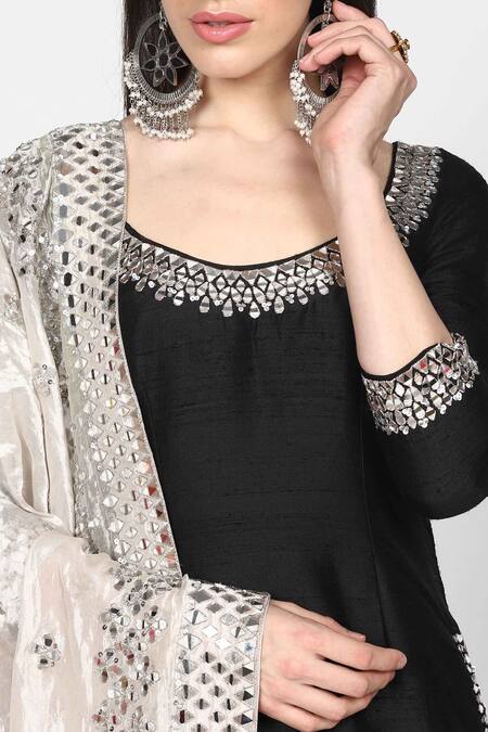 Shop_Abhinav Mishra_Black Raw Silk, Tissue Organza Round Neck Embellished Kurta Sharara Set_Online_at_Aza_Fashions
