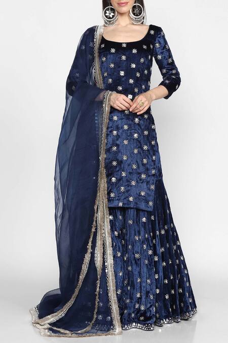 Buy Abhinav Mishra Blue Velvet Embroidered Kurta Sharara Set Online at Aza Fashions Buy_Abhinav Mishra_Blue Velvet Embroidered Kurta Sharara Set_Online_at_Aza_Fashions