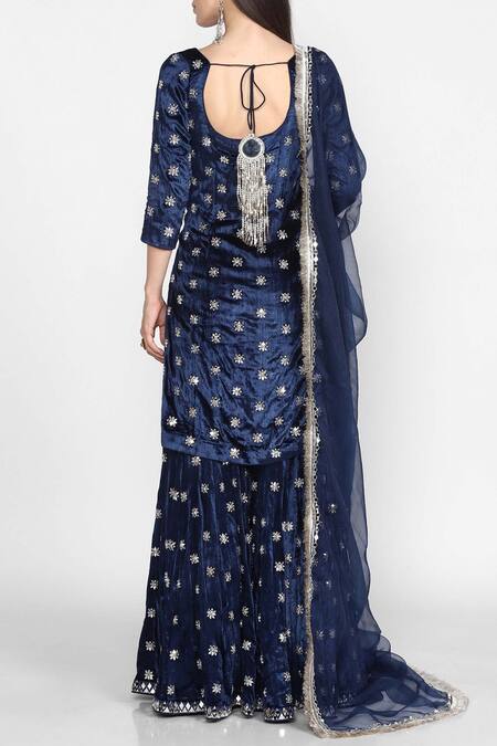 Shop Abhinav Mishra Blue Velvet Embroidered Kurta Sharara Set at Aza Fashions Shop_Abhinav Mishra_Blue Velvet Embroidered Kurta Sharara Set_at_Aza_Fashions