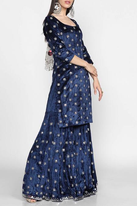 Abhinav Mishra Blue Velvet Embroidered Kurta Sharara Set Online at Aza Fashions Abhinav Mishra_Blue Velvet Embroidered Kurta Sharara Set_Online_at_Aza_Fashions