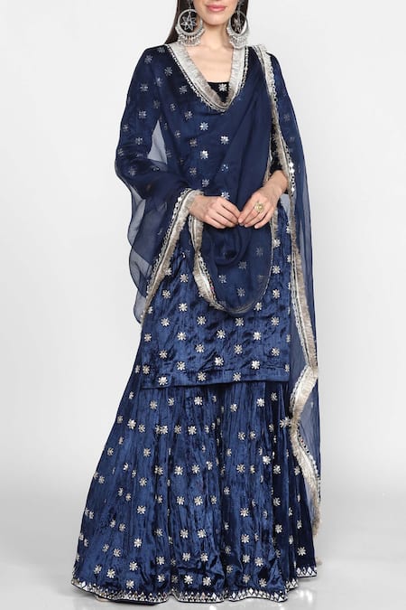 Abhinav Mishra Blue Velvet Embroidered Kurta Sharara Set