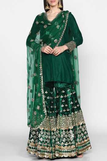 Abhinav Mishra Green Velvet Straight Kurta Sharara Set 4