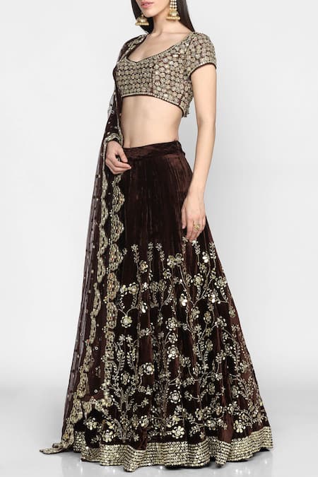 Abhinav Mishra_Brown Raw Silk, Net, Velvet Leaf Neck Embellished Lehenga Set_Online_at_Aza_Fashions