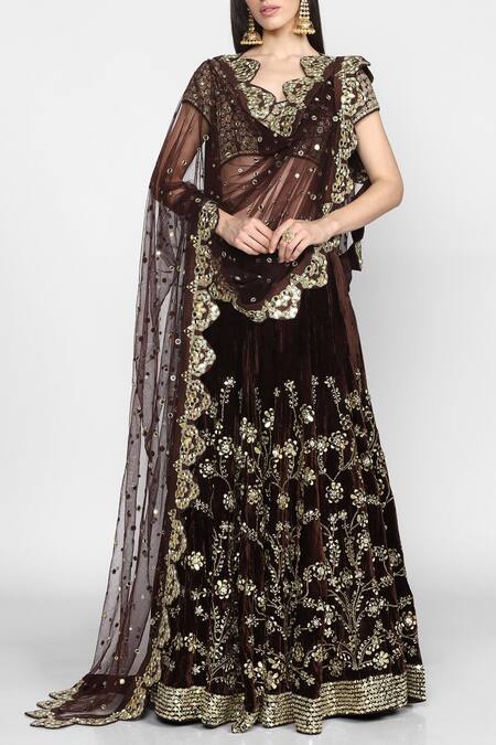 Buy_Abhinav Mishra_Brown Raw Silk, Net, Velvet Leaf Neck Embellished Lehenga Set_Online_at_Aza_Fashions
