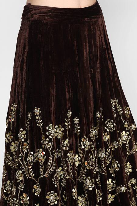 Shop_Abhinav Mishra_Brown Raw Silk, Net, Velvet Leaf Neck Embellished Lehenga Set_Online_at_Aza_Fashions