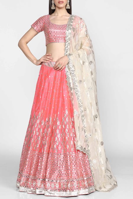 Abhinav Mishra Pink Chanderi U Neckline Lehenga Set 