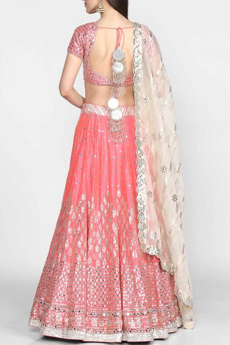 Shop_Abhinav Mishra_Pink Organza, Chanderi U Neckline Lehenga Set_at_Aza_Fashions