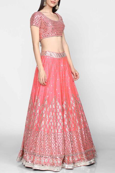 Abhinav Mishra_Pink Organza, Chanderi U Neckline Lehenga Set_Online_at_Aza_Fashions