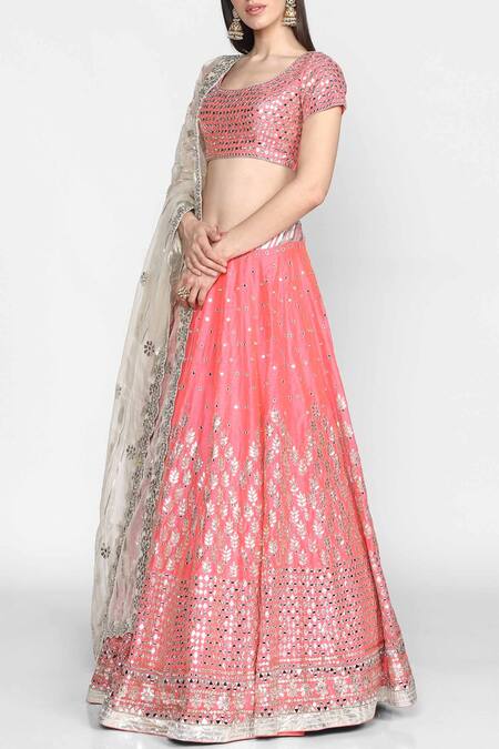 Buy_Abhinav Mishra_Pink Organza, Chanderi U Neckline Lehenga Set_Online_at_Aza_Fashions