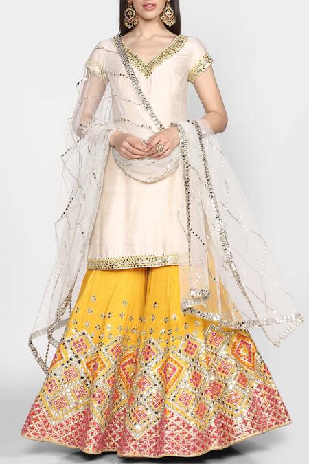 Abhinav Mishra Yellow Raw Silk Straight Kurta Sharara Set